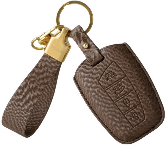 카마루 현대 호환 쏘나타 그랜저 싼타페 팰리세이드 아반떼 스타리아 차량용 가죽 스마트키 키케이스 키홀더, 에토프브라운(키케이스), 골드(키링), 현대 A