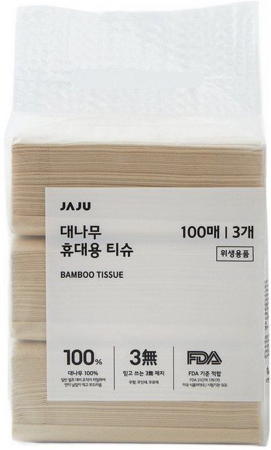 JAJU 대나무 휴대용 티슈, 100매, 3개