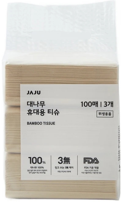 JAJU 대나무 휴대용 티슈, 100매, 3개 - 쿠팡