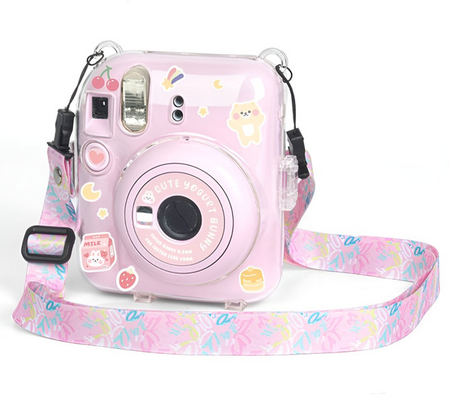 인스탁스 투명 미니 카메라 크리스탈 케이스 + 스티커 꾸미기 + 숄더스트랩 세트, 1세트, 인스탁스 mini12 크리스탈 케이스 핑크