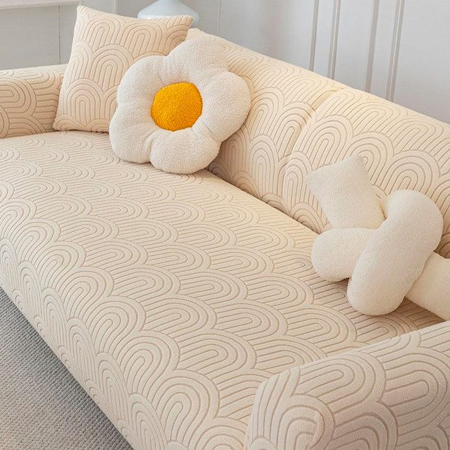 好物良品 幾何波紋系列 四季通用立體提花彈力沙發罩 3人座 附抱枕套 + 泡棉條, 米白色, 1個