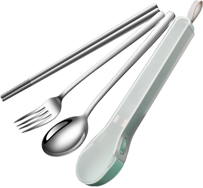 304不鏽鋼隨身餐具收納盒3件組, 1組, 薄荷, 湯匙 + 筷子 + 叉子