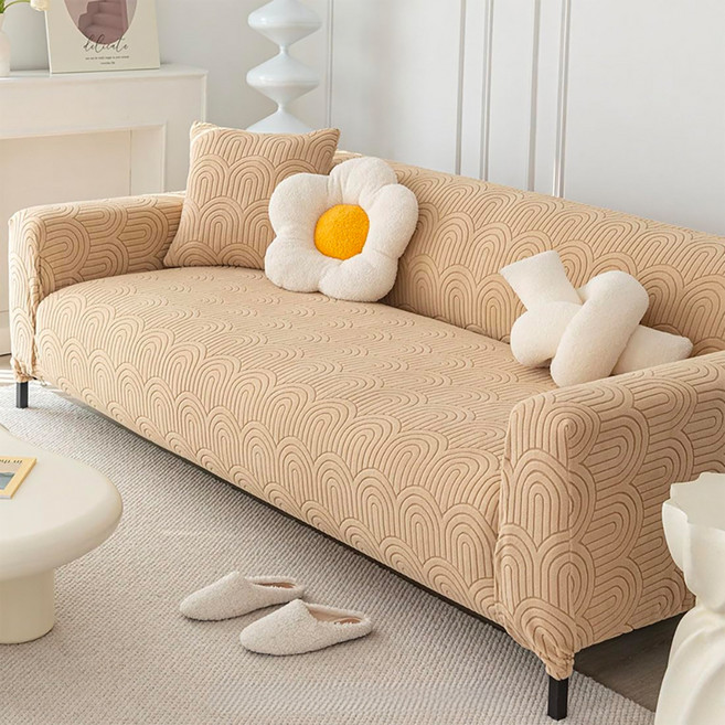 好物良品 幾何波紋系列 四季通用立體提花彈力沙發罩 1人座 附抱枕套 + 泡棉條, 卡其色, 1個