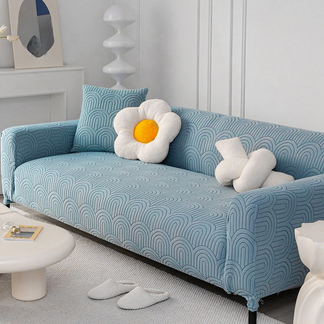 好物良品 幾何波紋系列 四季通用立體提花彈力沙發罩 1人座 附抱枕套 + 泡棉條, 藍色, 1個