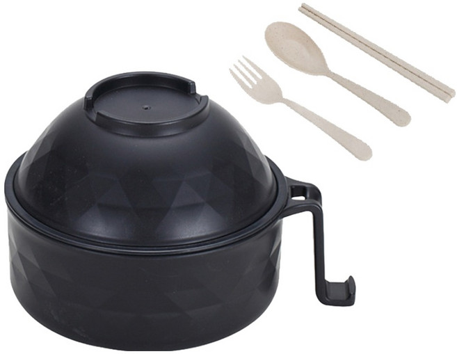 竹纖維瀝水泡麵碗 + 餐具組, 黑色, 1組