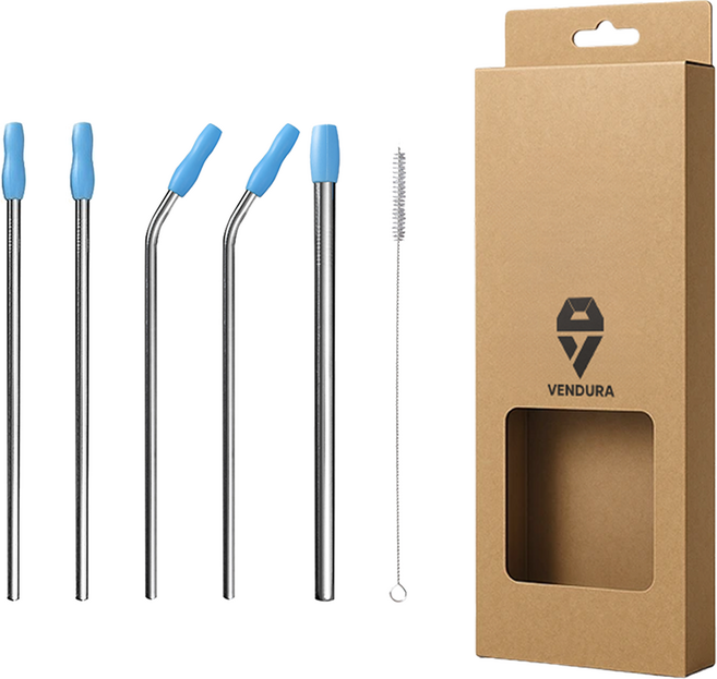 벤듀라 스테인레스 빨대 215mm 직선형 2p + 곡선형 2p + 스무디용 + 세척솔 세트, 1세트