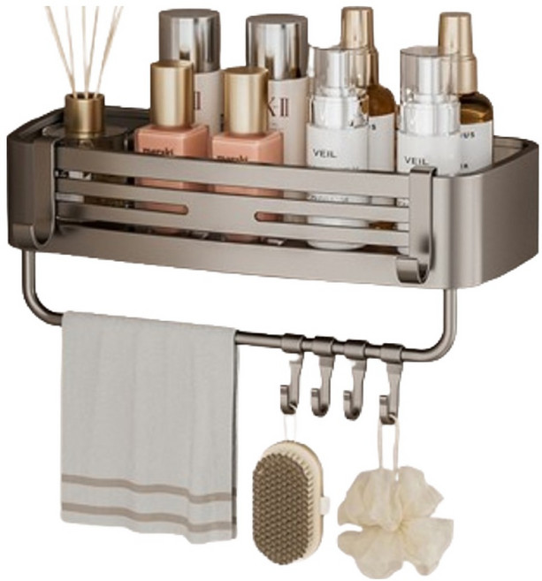 HOUDER 吸盤式太空鋁置物架 四方 升級加高帶桿, 1個, 槍灰色