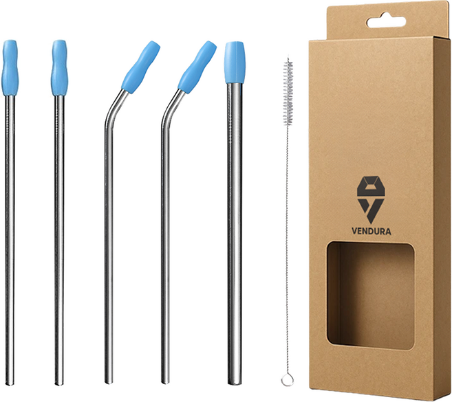 벤듀라 스테인레스 빨대 300mm 직선형 2p + 곡선형 2p + 스무디용 + 세척솔 세트, 1세트