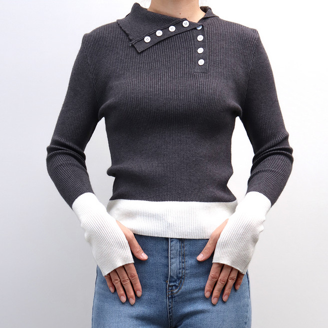 라라온 여성용 사선 버튼 배색 긴팔 니트 TSP2730