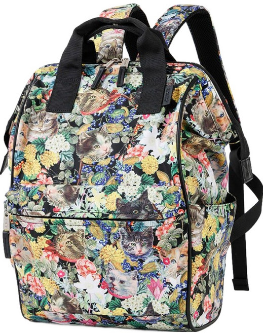 anello 植物系貓咪印花 防潑水強化 經典口金後背包 ASB007-BK, 黑色