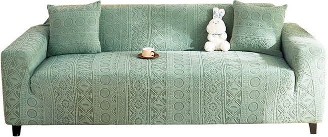 好物良品 波西米亞系列 四季通用高彈力立體提花彈力沙發罩 4人座 附抱枕套 + 泡棉條, 1個, 綠色