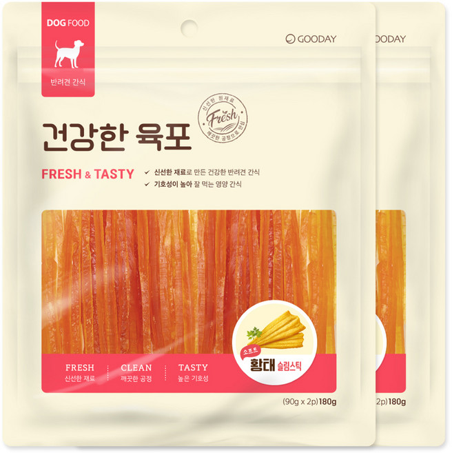 굿데이 강아지 간식 건강한육포 소프트 슬림스틱, 황태, 180g, 2개