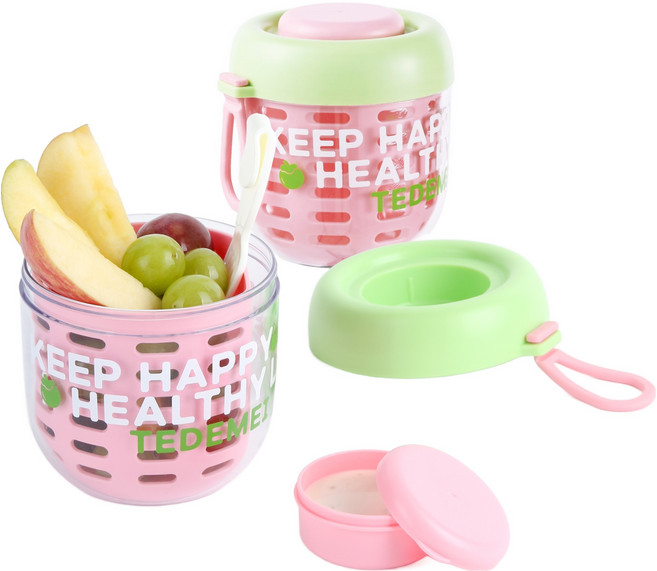 키텐실 샐러드팟 과일 1단 도시락통 + 소스통 + 포크 세트, 핑크라임, 2세트