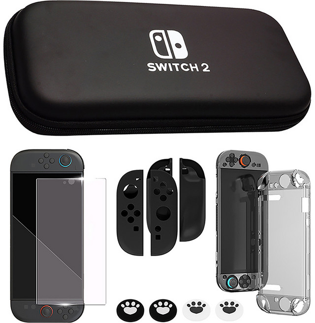 HOHOO 任天堂 Switch 2 多合一配件包 收納包 + 鋼化玻璃 + 保護殼 + 搖桿帽套組, 1套, 黑色, 單一商品