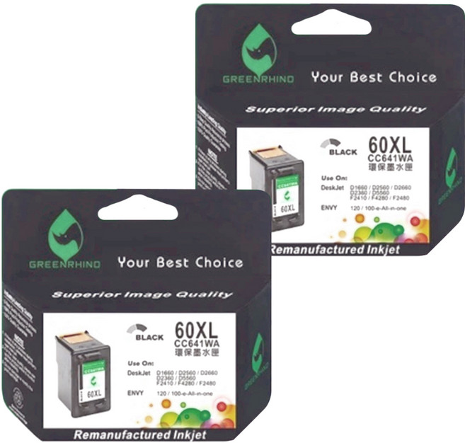 GREENRHINO 綠犀牛 for HP NO 60XL CC641WA + CC644WA 環保墨水匣 Deskjet D1660/D2500/D2560/D2660適用, 黑色 + 彩色, 2個