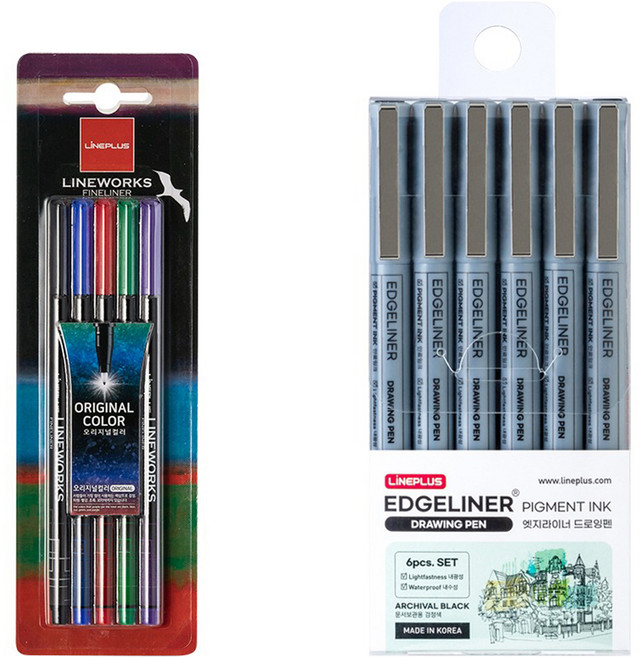 라인플러스 라인웍스 화인라이너 블리스터 0.3mm 5색 오리지날 + 엣지라이너 드로잉펜 6조 0.5mm 세트, 혼합색상, 1세트