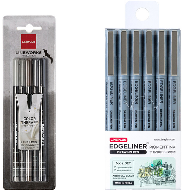 라인플러스 라인웍스 화인라이너 블리스터 0.3mm 5색 블랙 + 엣지라이너 드로잉펜 6조 0.5mm 세트, 혼합색상, 1세트