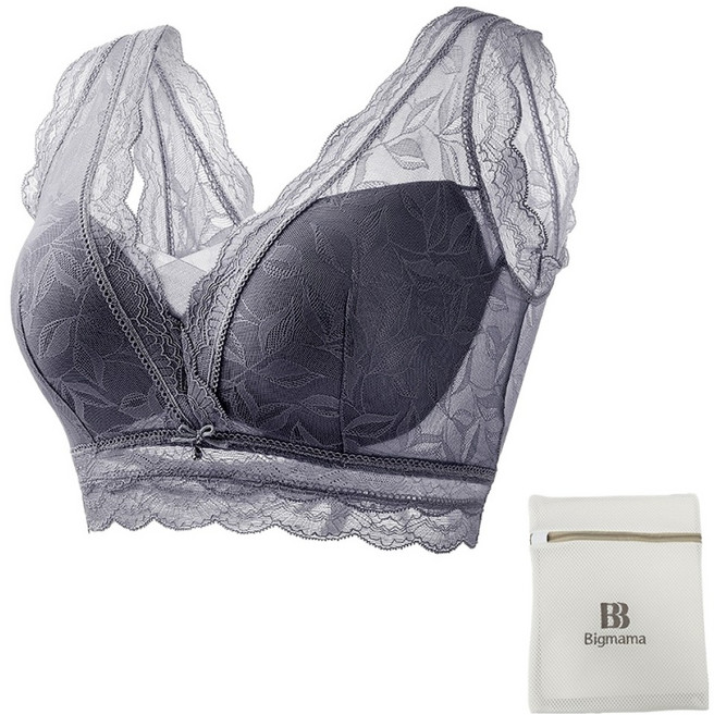 Big Mama 緹花花朵蕾絲大尺碼模杯無鋼圈內衣 + 洗衣網組合