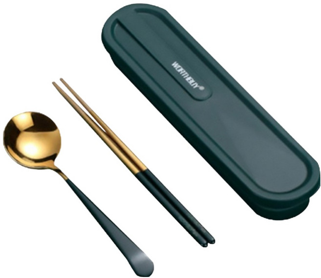 WORTHBUY 沃德百惠 304不鏽鋼 便攜餐具套裝組 21.5cm, 1組, 筷子 + 湯匙 + 收納盒, 綠色