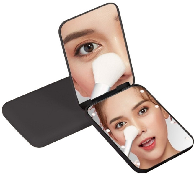 Couselect 2倍放大 LED補光方形隨身化妝鏡/美妝鏡/補妝鏡, 黑色