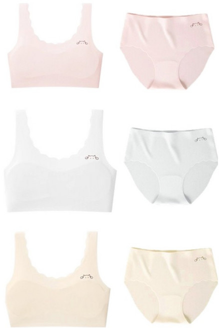 여아용 냥이 웨이브 1단계 학생 심리스 브라 3종 + 팬티 3종 세트