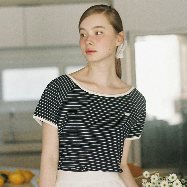 아워호프 여성용 코튼 스쿱넥 스트라이프 베이직 반팔 티셔츠