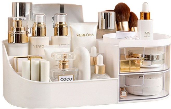 iRoom 優倍適 加厚二代大容量抽屜式桌面化妝品收納盒, 1個, 奶油白