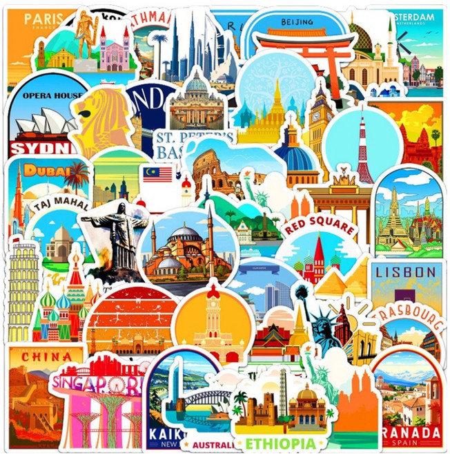 아이엔피 감성충만 방수PVC 다꾸 스티커 G1004 50P, 랜드마크, 1개