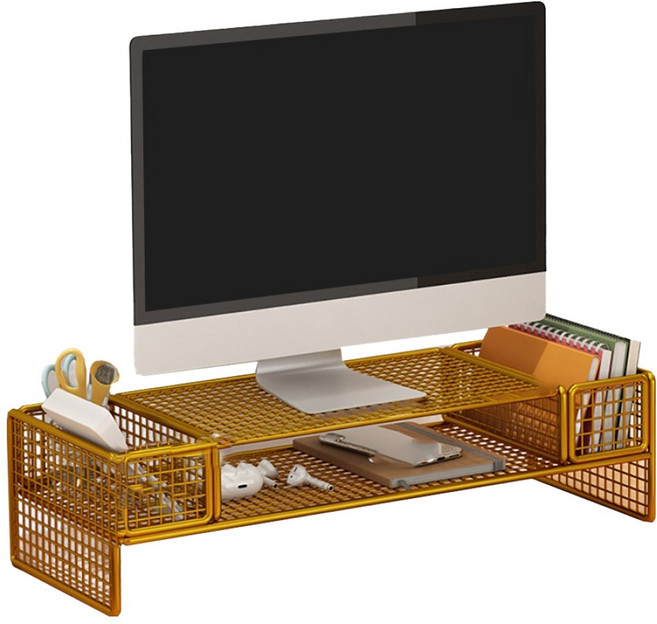 小麥購物 鐵藝懸空桌面螢幕增高架 L1220 雙儲物, 金黃色