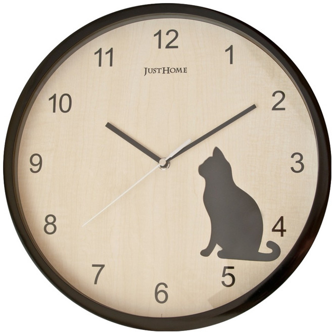 JUST HOME 木質貓咪超靜音圓形壁鐘 32cm, 木頭色 + 黑色