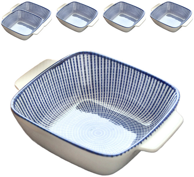 JUST HOME 藍線條陶瓷雙耳深盤 5809-03A 6吋, 藍色, 6個, 6個深盤