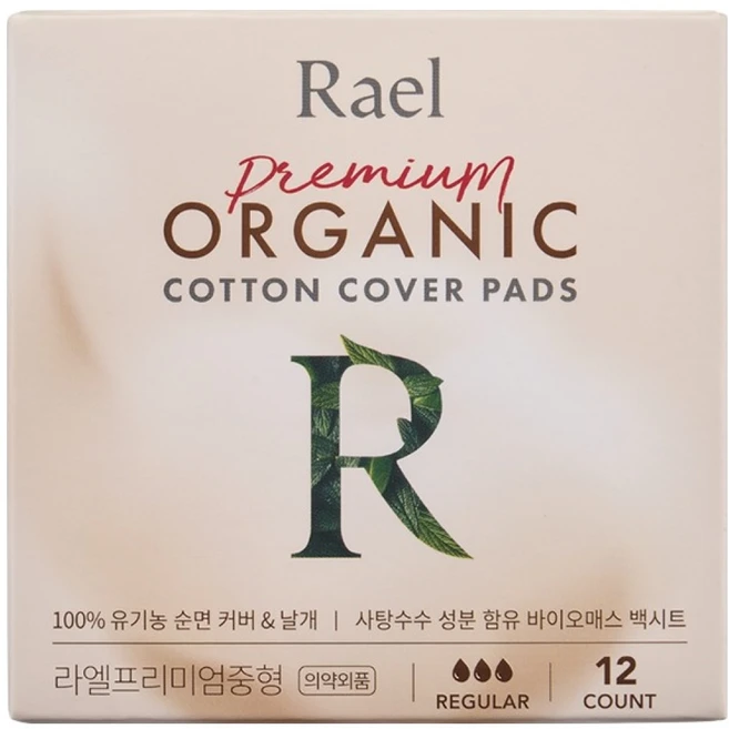 라엘 유기농 순면 커버 프리미엄 생리대 날개형, 중형, 12개입, 1개 - 쿠팡