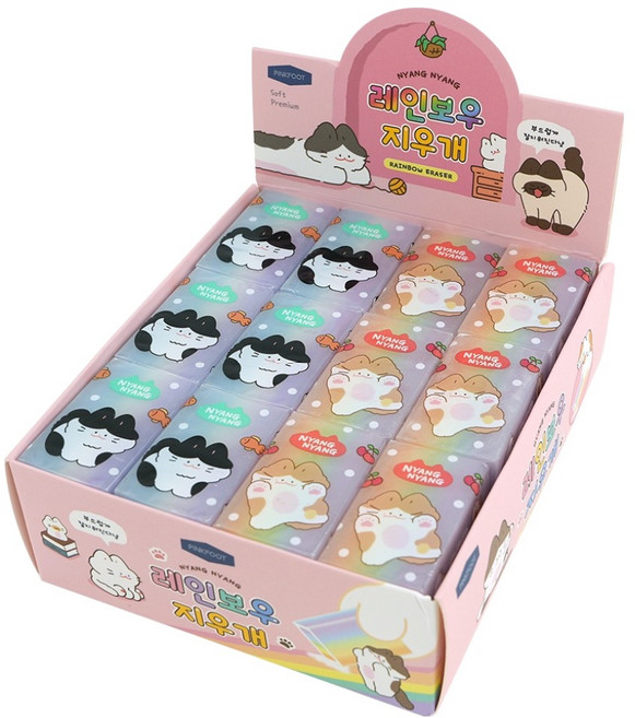 핑크풋 냥냥 레인보우 지우개 2종 x 18p 세트, 혼합색상, 1세트