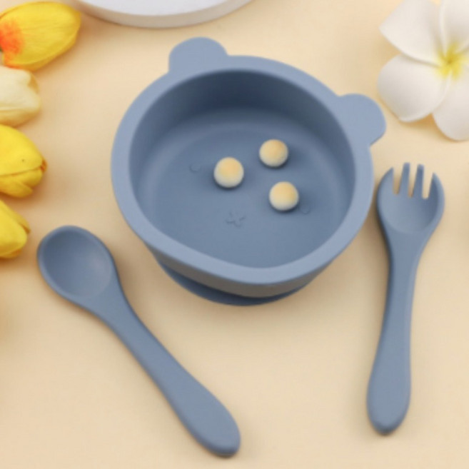 라온담 유아용 곰돌이 실리콘 흡착볼 + 수저 세트, 블루, 1세트, 흡착볼 + 스푼 + 포크