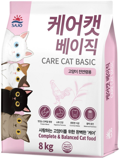 사조동아원 전연령 케어캣 베이직 올라이프 사료, 닭, 8kg, 1개