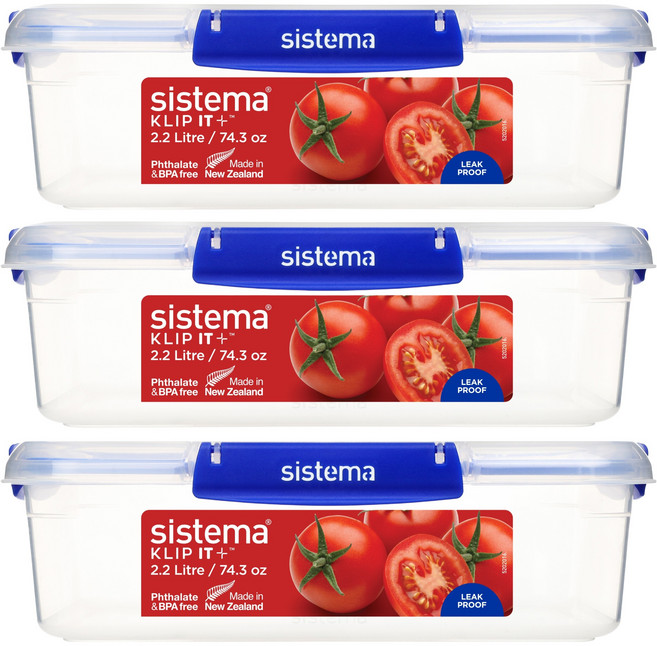Sistema 시스테마 Klip It+ 모듈러 사각 식품 보관 밀폐용기, 3개, 2.2L