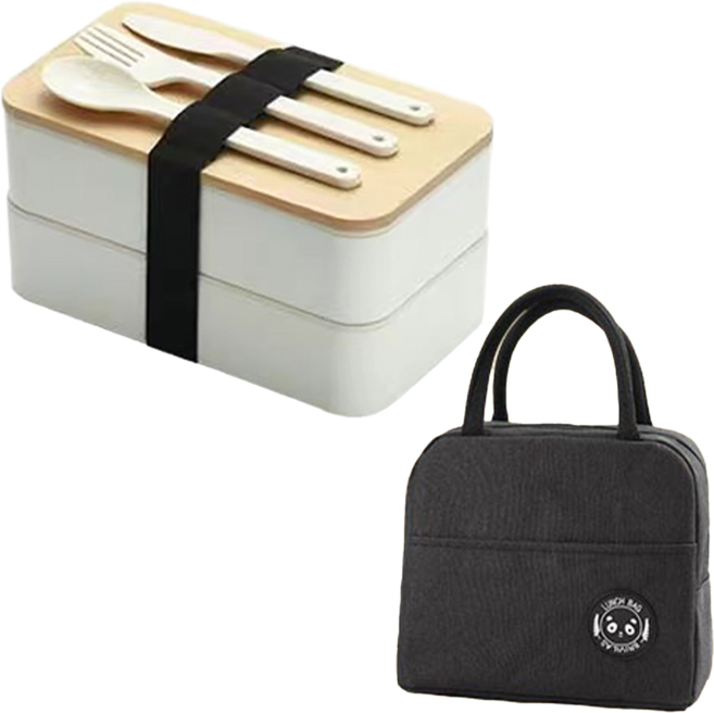 JAR嚴選 日松雙層竹蓋可微波保鮮便當盒 附專屬保溫袋/環保餐具 顏色隨機 1150ml, 1個, 白色