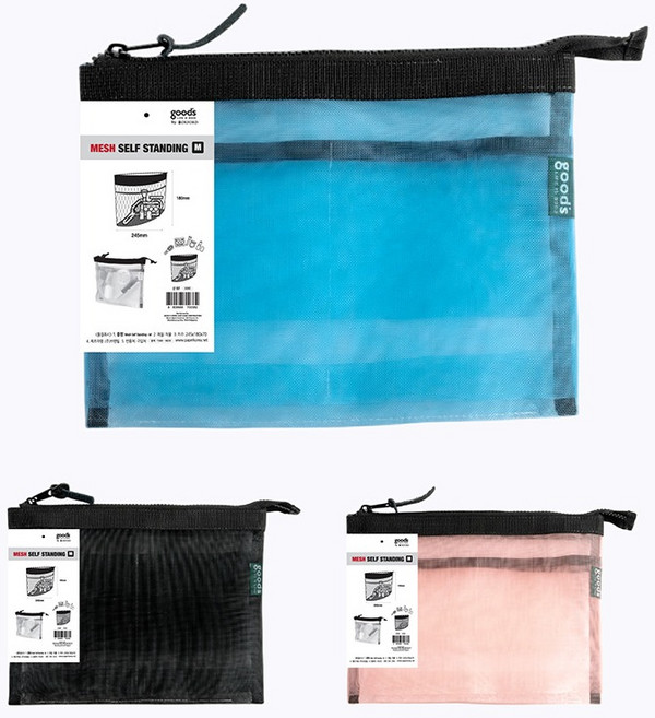 OXFORD 망사 펜파우치 셀프스탠딩 직립형 3종 세트 M, 블랙, 블루, 핑크, 1세트