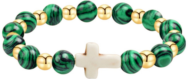 로시테라 십자가 팔찌 8mm, 말라카이트 + 금구슬, 1개