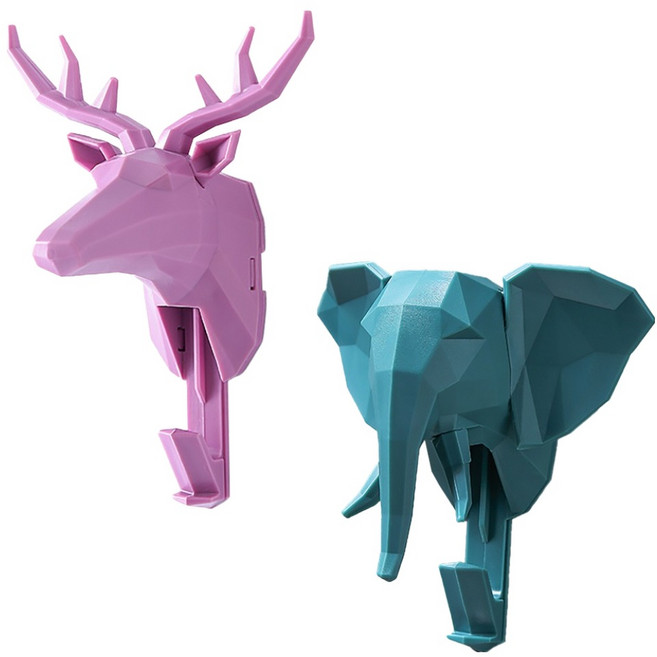 小麥購物 北歐風裝飾動物頭飾無痕掛勾 2件組 L2469, 麋鹿 + 大象, 1組