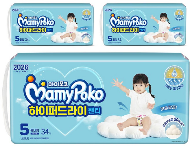 마미포코 하이퍼드라이 팬티형 기저귀 여아용, 5단계, 102매