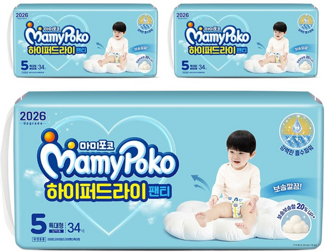 마미포코 2026 하이퍼드라이 팬티형 기저귀 특대형 남아용, 5단계, 102매