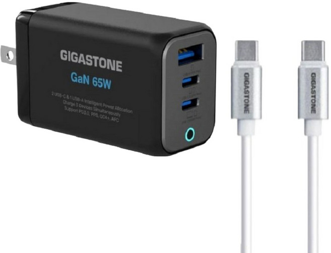 GIGASTONE 立達 GaN 65W氮化鎵Type-C三孔快充充電器+C to C充電傳輸線 支援iPhone16/15/Mac筆電充電頭, 黑色, 1組