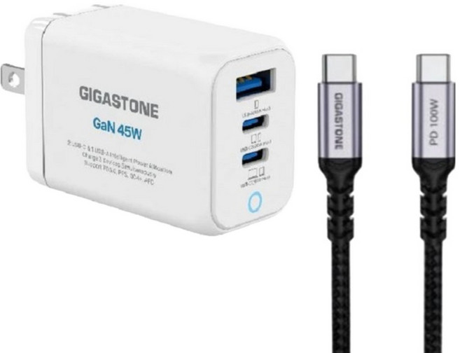 GIGASTONE 立達 GaN 45W 氮化鎵三孔快速充電器 + C to C 100W快充傳輸線 支援iPhone16/MAC/Switch充電頭, 1組, 白色