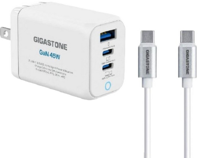 GIGASTONE 立達 GaN 45W氮化鎵Type-C三孔快充充電器+C to C充電傳輸線 支援iPhone16/15/Mac筆電充電頭, 1組, 白色