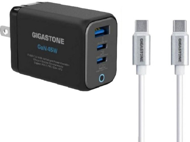 GIGASTONE 立達 GaN 45W氮化鎵Type-C三孔快充充電器+C to C充電傳輸線 iPhone16/Macbook/Switch充電頭, 1組, 黑色