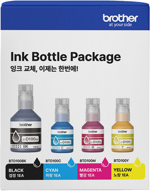 브라더 잉크 BTD100BK + BTD100C + BTD100M + BTD100Y 세트 BTD100BKCL, 검정, 파랑, 빨강, 노랑, 1세트