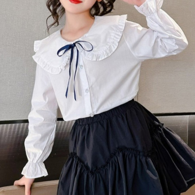 유블리 여아용 탐탐 프릴 리본 포인트 데일리 빅카라 블라우스