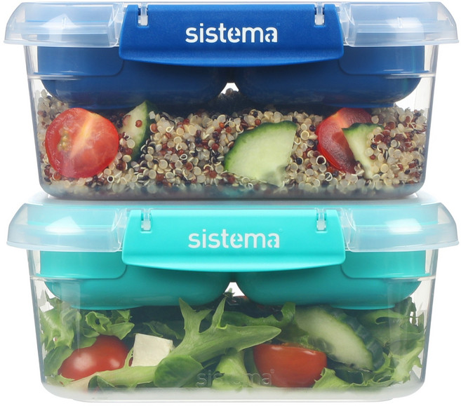 Sistema 시스테마 To Go 모듈러 분리형 2단 런치박스 도시락통 밀폐용기 3개입 세트, 1세트, 민티틸(2)+오션블루(1), 1L