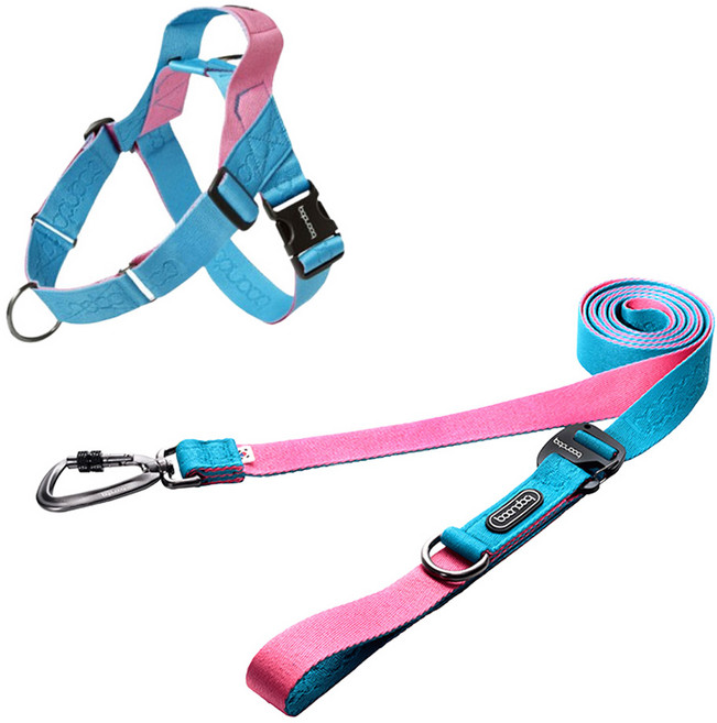 분독 강아지 카라비너 플레이리쉬 250cm + 0109 하네스 세트, 아쿠아핑크, 1세트